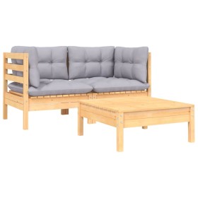 Gartenmöbel-Set 3-teilig Kissen grau massives Kiefernholz von vidaXL, Modulare Sofas für den Außenbereich - Ref: Foro24-80667...