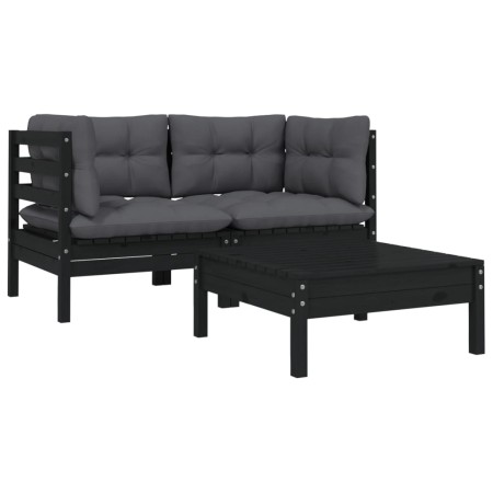 Gartenmöbel-Set 3-teilige Kissen schwarzes massives Kiefernholz von vidaXL, Modulare Sofas für den Außenbereich - Ref: Foro24...