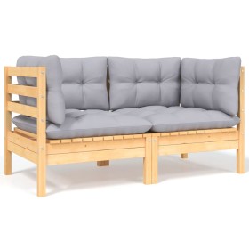 2-Sitzer-Gartensofa mit grauen Kissen aus massivem Kiefernholz von vidaXL, Modulare Sofas für den Außenbereich - Ref: Foro24-...