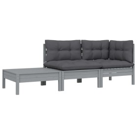 Gartenmöbel-Set 3-teilig mit grauen Kissen aus massivem Kiefernholz von vidaXL, Modulare Sofas für den Außenbereich - Ref: Fo...