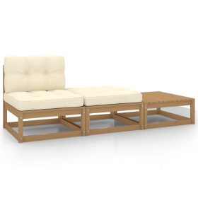 Set de muebles de jardín 3 pzas cojines madera pino marrón miel de vidaXL, Sofás modulares de exterior - Ref: Foro24-805768, ...