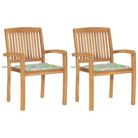 Garden chairs 2 pcs teak wood with leaf print cushions by vidaXL, Garden chairs - Ref: Foro24-3063264, Price: 244,99 €, Disco...