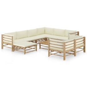 Set de muebles de jardín 10 piezas bambú y cojines blanco crema de vidaXL, Conjuntos de jardín - Ref: Foro24-3058221, Precio:...