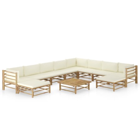 Set de muebles de jardín 11 piezas bambú y cojines blanco crema de vidaXL, Conjuntos de jardín - Ref: Foro24-3058223, Precio:...