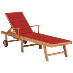 Tumbona con cojín rojo madera maciza de teca de vidaXL, Tumbonas - Ref: Foro24-3063012, Precio: 293,99 €, Descuento: %