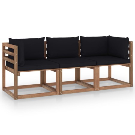 3-seater pallet garden sofa with black cushions by vidaXL, Garden sets - Ref: Foro24-3067291, Price: 189,82 €, Discount: %