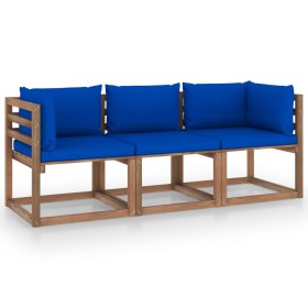 3-Sitzer-Gartensofa aus Paletten mit blauen Kissen von vidaXL, Gartensets - Ref: Foro24-3067294, Preis: 170,99 €, Rabatt: %