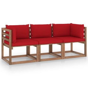 3-Sitzer-Gartensofa aus Paletten mit roten Kissen von vidaXL, Gartensets - Ref: Foro24-3067290, Preis: 173,99 €, Rabatt: %