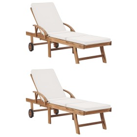 Sonnenliegen mit Kissen, 2 Stück, massives cremefarbenes Teakholz von vidaXL, Liegen - Ref: Foro24-3054633, Preis: 731,99 €, ...