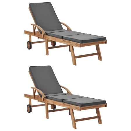 Sun loungers with cushion 2 pcs solid dark gray teak wood by vidaXL, Loungers - Ref: Foro24-3054634, Price: 699,67 €, Discoun...