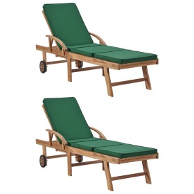 Solid teak wood sun loungers with 2 green cushions by vidaXL, Loungers - Ref: Foro24-3054635, Price: 450,99 €, Discount: %