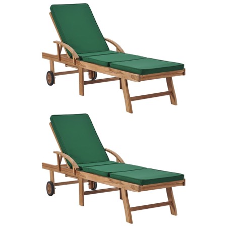 Solid teak wood sun loungers with 2 green cushions by vidaXL, Loungers - Ref: Foro24-3054635, Price: 454,16 €, Discount: %