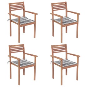 Garden chairs 4 pcs solid teak wood with gray checkered cushions by vidaXL, Garden chairs - Ref: Foro24-3062303, Price: 313,9...