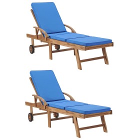 Sonnenliegen mit Kissen, 2 Stück, massives blaues Teakholz von vidaXL, Liegen - Ref: Foro24-3054636, Preis: 447,99 €, Rabatt: %