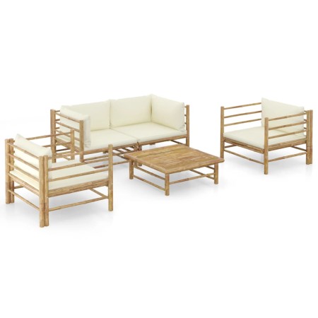 Set de muebles de jardín 5 piezas bambú y cojines blanco crema de vidaXL, Conjuntos de jardín - Ref: Foro24-3058207, Precio: ...