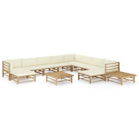 Set de muebles de jardín 12 piezas bambú y cojines blanco crema de vidaXL, Conjuntos de jardín - Ref: Foro24-3058227, Precio:...