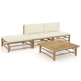 Set de muebles de jardín 4 piezas bambú y cojines blanco crema de vidaXL, Conjuntos de jardín - Ref: Foro24-3058243, Precio: ...