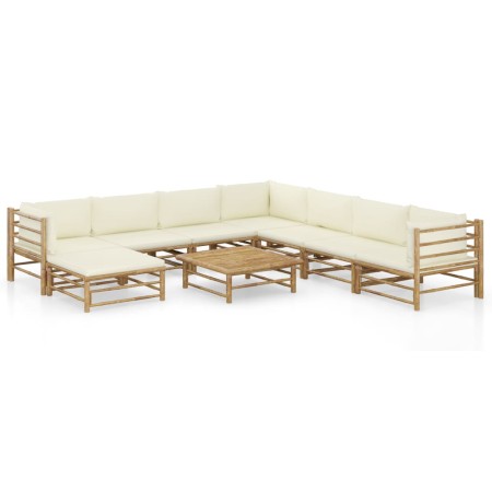 Set de muebles de jardín 9 piezas bambú y cojines blanco crema de vidaXL, Conjuntos de jardín - Ref: Foro24-3058229, Precio: ...