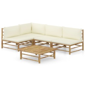 Set de muebles de jardín 5 piezas bambú y cojines blanco crema de vidaXL, Conjuntos de jardín - Ref: Foro24-3058241, Precio: ...