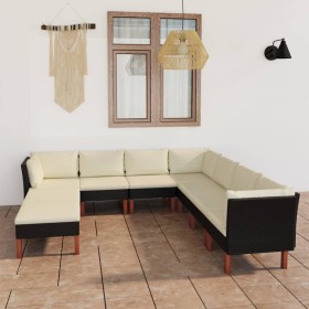 Set de muebles de jardín 9 pzas y cojines ratán sintético negro de vidaXL, Conjuntos de jardín - Ref: Foro24-3059743, Precio:...