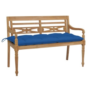 Banco Batavia de teca maciza con cojín azul 120 cm de vidaXL, Bancos de jardín - Ref: Foro24-3062179, Precio: 214,99 €, Descu...