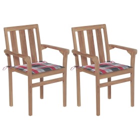 Garden chairs 2 pcs teak wood with red checkered cushions by vidaXL, Garden chairs - Ref: Foro24-3062221, Price: 234,99 €, Di...