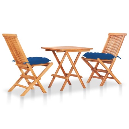 3-teiliges Bistro-Set aus massivem Teakholz mit blauen Kissen von vidaXL, Gartensets - Ref: Foro24-3063250, Preis: 166,99 €, ...