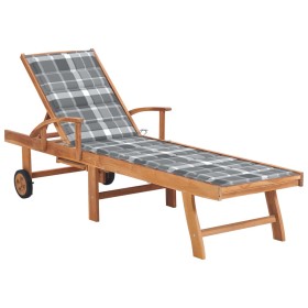 Lounger with gray checkered cushion solid teak wood by vidaXL, Loungers - Ref: Foro24-3063020, Price: 300,83 €, Discount: %