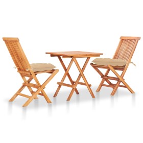 3-teiliges Bistroset aus massivem Teakholz mit beigen Kissen von vidaXL, Gartensets - Ref: Foro24-3063243, Preis: 167,99 €, R...