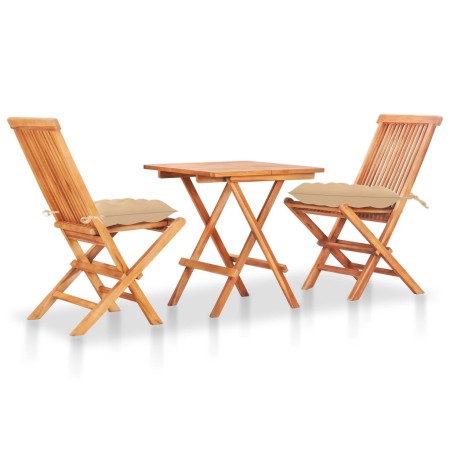 3-teiliges Bistroset aus massivem Teakholz mit beigen Kissen von vidaXL, Gartensets - Ref: Foro24-3063243, Preis: 175,75 €, R...