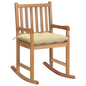 Silla mecedora de madera maciza de teca con cojín blanco crema de vidaXL, Sillas de jardín - Ref: Foro24-3062774, Precio: 152...