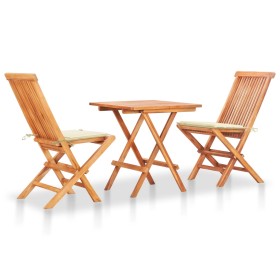 3-teiliges Bistro-Set mit cremefarbenen Kissen aus massivem Teakholz von vidaXL, Gartensets - Ref: Foro24-3063227, Preis: 178...