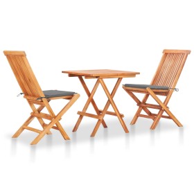 3-teiliges Bistro-Set mit grauen Kissen aus massivem Teakholz von vidaXL, Gartensets - Ref: Foro24-3063226, Preis: 178,39 €, ...