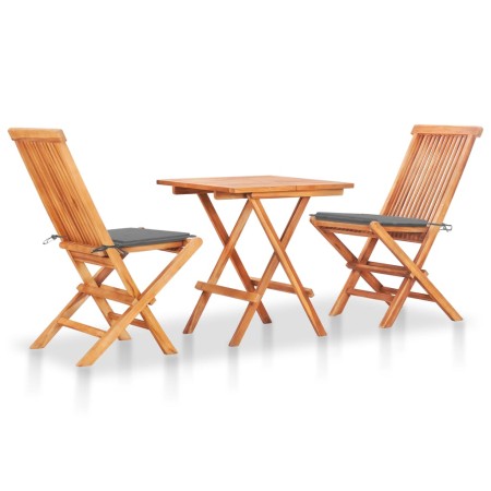 3-teiliges Bistro-Set mit grauen Kissen aus massivem Teakholz von vidaXL, Gartensets - Ref: Foro24-3063226, Preis: 190,72 €, ...