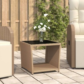 Beigefarbener synthetischer Rattan-Beistelltisch mit gehärteter Glasoberfläche von vidaXL, Gartentische - Ref: Foro24-319561,...