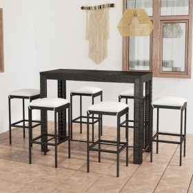 Set de bar para jardín 7 piezas y cojines ratán sintético negro de vidaXL, Conjuntos de jardín - Ref: Foro24-3064787, Precio:...