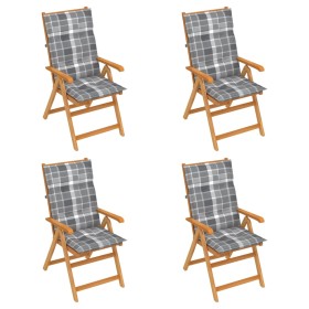 Garden chairs 4 pcs solid teak wood with gray checkered cushions by vidaXL, Garden chairs - Ref: Foro24-3065559, Price: 455,7...