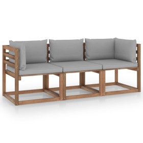 3-seater pallet garden sofa with gray cushions by vidaXL, Garden sets - Ref: Foro24-3067285, Price: 181,99 €, Discount: %