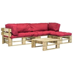 4-teilige Gartensofas aus Holzpaletten mit roten Kissen von vidaXL, Gartensets - Ref: Foro24-275310, Preis: 328,99 €, Rabatt: %