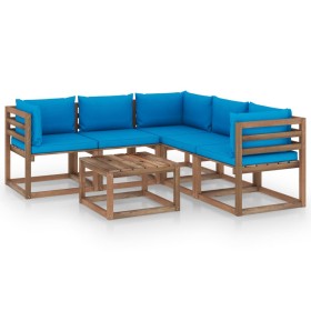 Garden furniture set 6 pieces impregnated wood with blue cushions by vidaXL, Garden sets - Ref: Foro24-3067420, Price: 359,48...