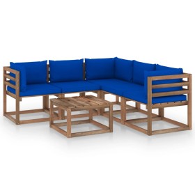 Garden furniture set 6 pieces impregnated wood with blue cushions by vidaXL, Garden sets - Ref: Foro24-3067426, Price: 323,99...