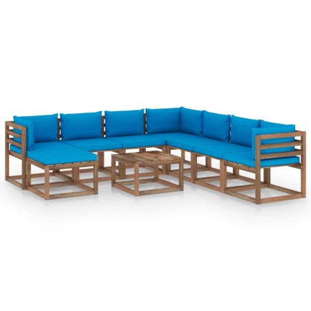 9-teiliges Gartenmöbel-Set mit hellblauen Kissen von vidaXL, Gartensets - Ref: Foro24-3067552, Preis: 610,99 €, Rabatt: %