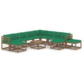 12-teiliges Gartenmöbel-Set mit grünen Kissen von vidaXL, Gartensets - Ref: Foro24-3067589, Preis: 703,99 €, Rabatt: %