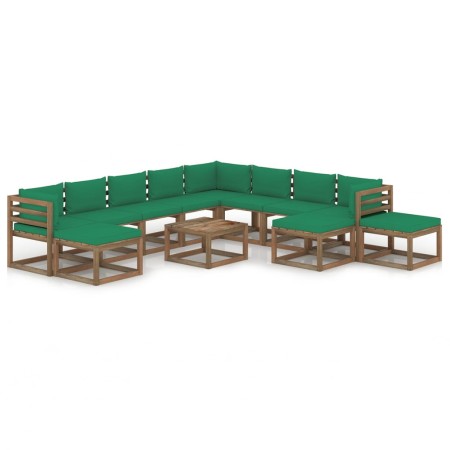 12-teiliges Gartenmöbel-Set mit grünen Kissen von vidaXL, Gartensets - Ref: Foro24-3067589, Preis: 703,09 €, Rabatt: %