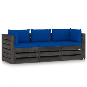 3-Sitzer-Gartensofa mit Kissen aus grau imprägniertem Holz von vidaXL, Gartensets - Ref: Foro24-3068178, Preis: 314,99 €, Rab...