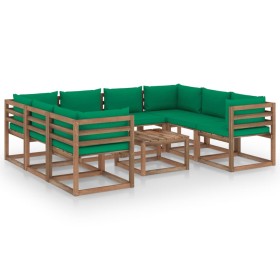 Set de muebles de jardín 9 piezas con cojines verdes de vidaXL, Conjuntos de jardín - Ref: Foro24-3067493, Precio: 521,99 €, ...