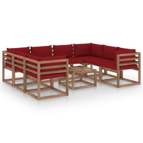 9-teiliges Gartenmöbel-Set mit rot-roten Kissen von vidaXL, Gartensets - Ref: Foro24-3067497, Preis: 521,82 €, Rabatt: %