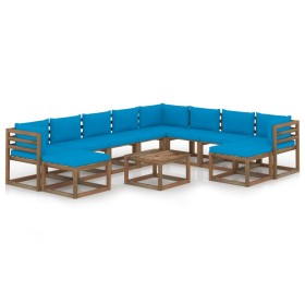 11-teiliges Gartenmöbel-Set mit hellblauen Kissen von vidaXL, Gartensets - Ref: Foro24-3067576, Preis: 723,04 €, Rabatt: %