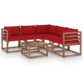 Garden furniture set 6 pieces impregnated wood with red cushions by vidaXL, Garden sets - Ref: Foro24-3067422, Price: 332,85 ...