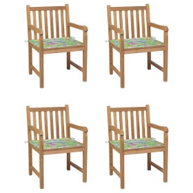 Garden chairs 4 pcs teak wood cushions printed leaves by vidaXL, Garden chairs - Ref: Foro24-3073016, Price: 550,99 €, Discou...